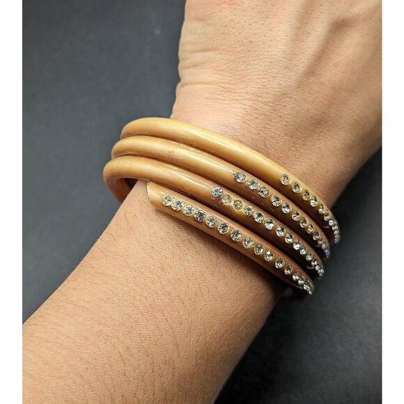 Vintage Art Deco Celluloid Rhinestone Coil Wrap Flapper Bangle Bracelet - Picture 7 of 12